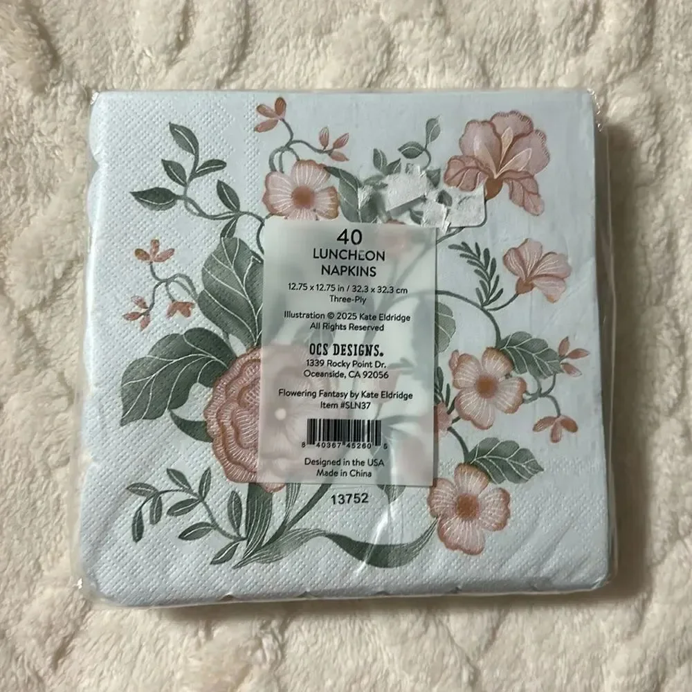 OCS Pastel Blue Coral Green Floral Scalloped Square Lunch Napkins 40 pk x 2